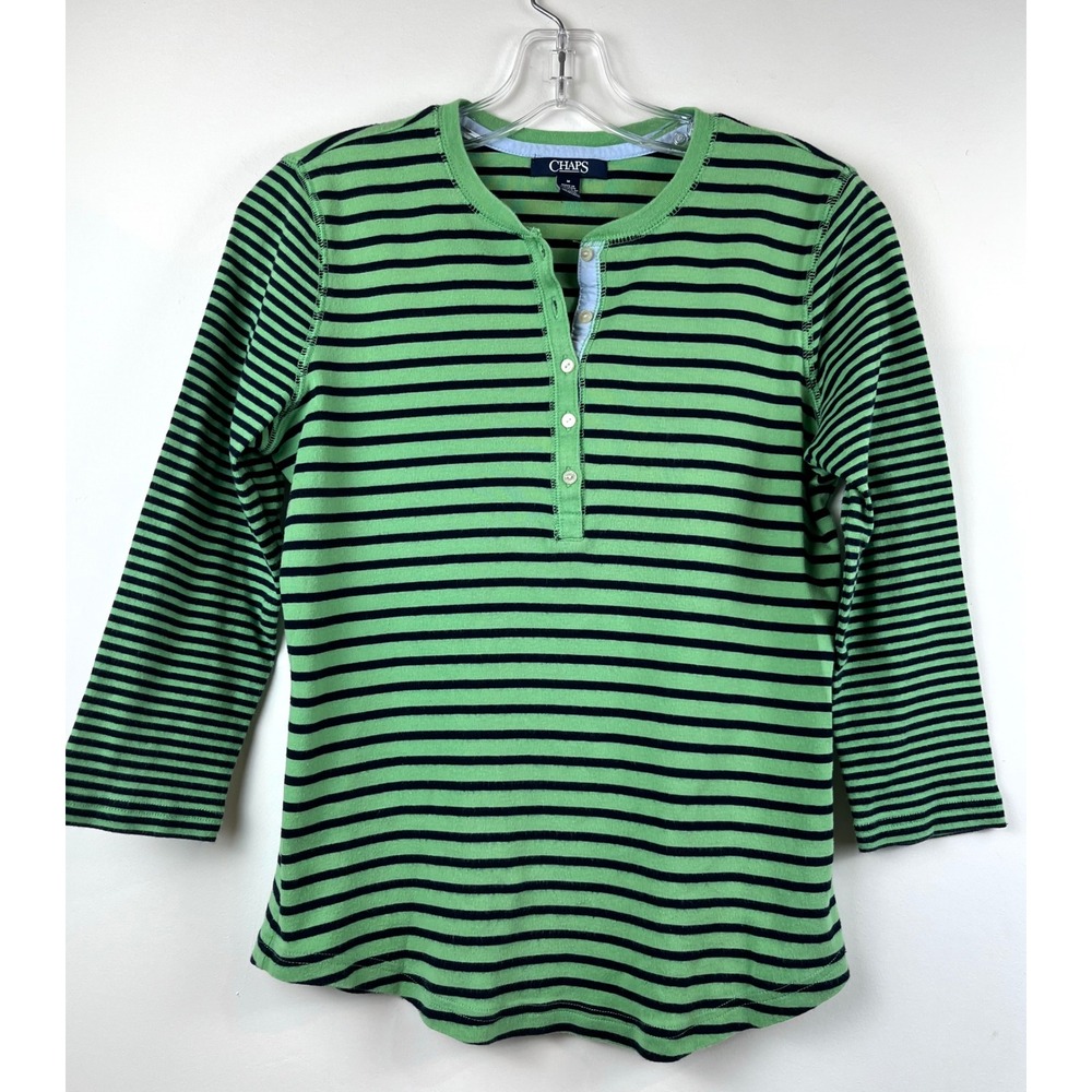 Chaps Ralph Lauren Green Navy Striped Henley Top Medium Y2K Preppy